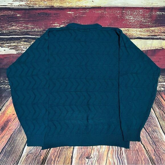 Vintage 80s Grandpa Textured Patterned Knit Sweater Teal Green / Blue - Picture 2 of 4